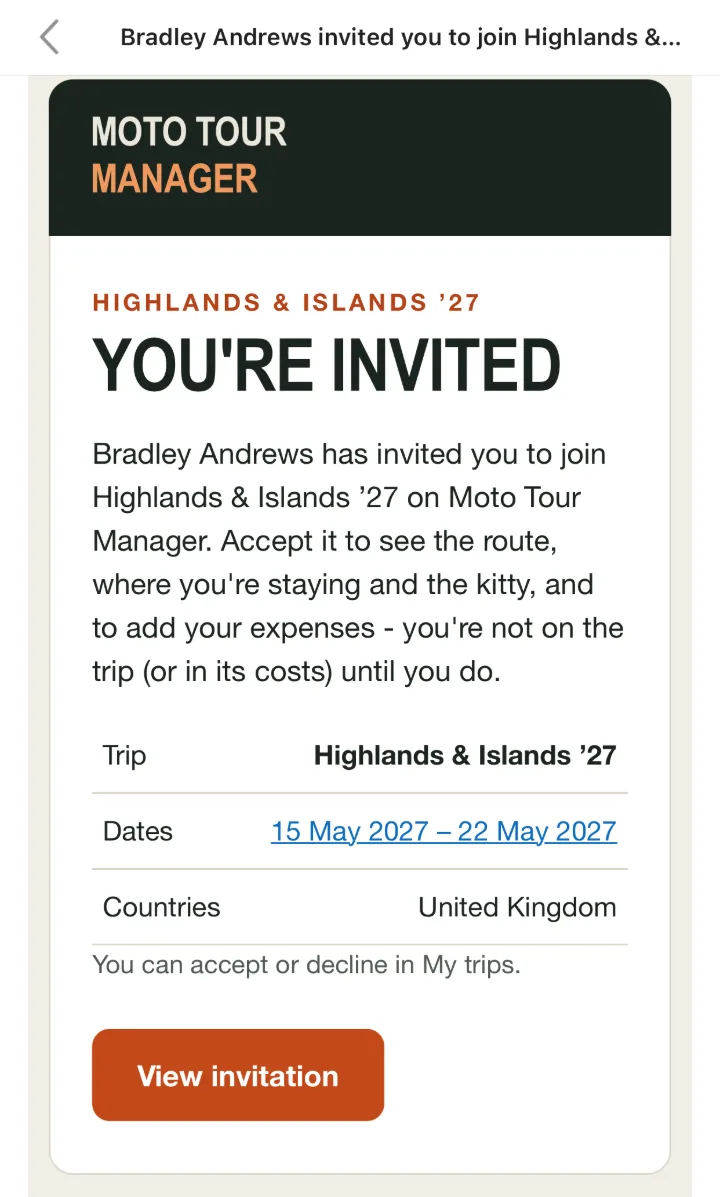 The invitation email: Bradley Andrews has invited you to join Highlands & Islands '27, with its dates and countries and a View invitation button.