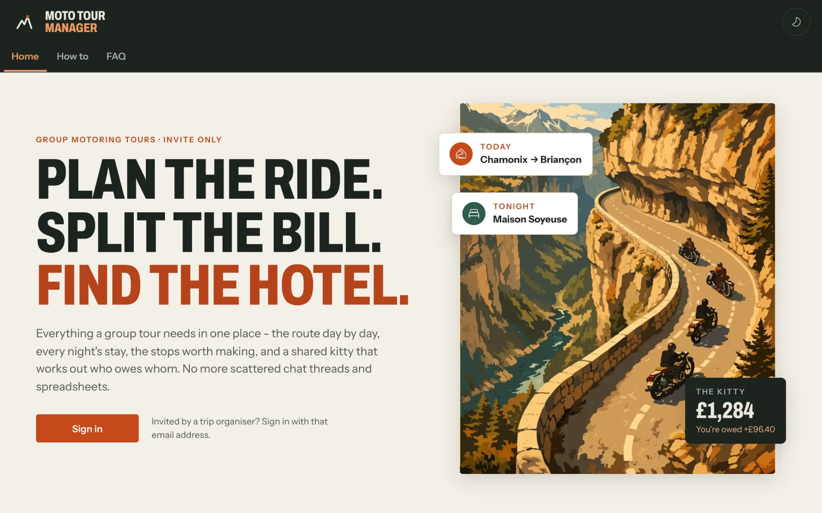 The Moto Tour Manager front page: Plan the ride. Split the bill. Find the hotel. with a Sign in button.
