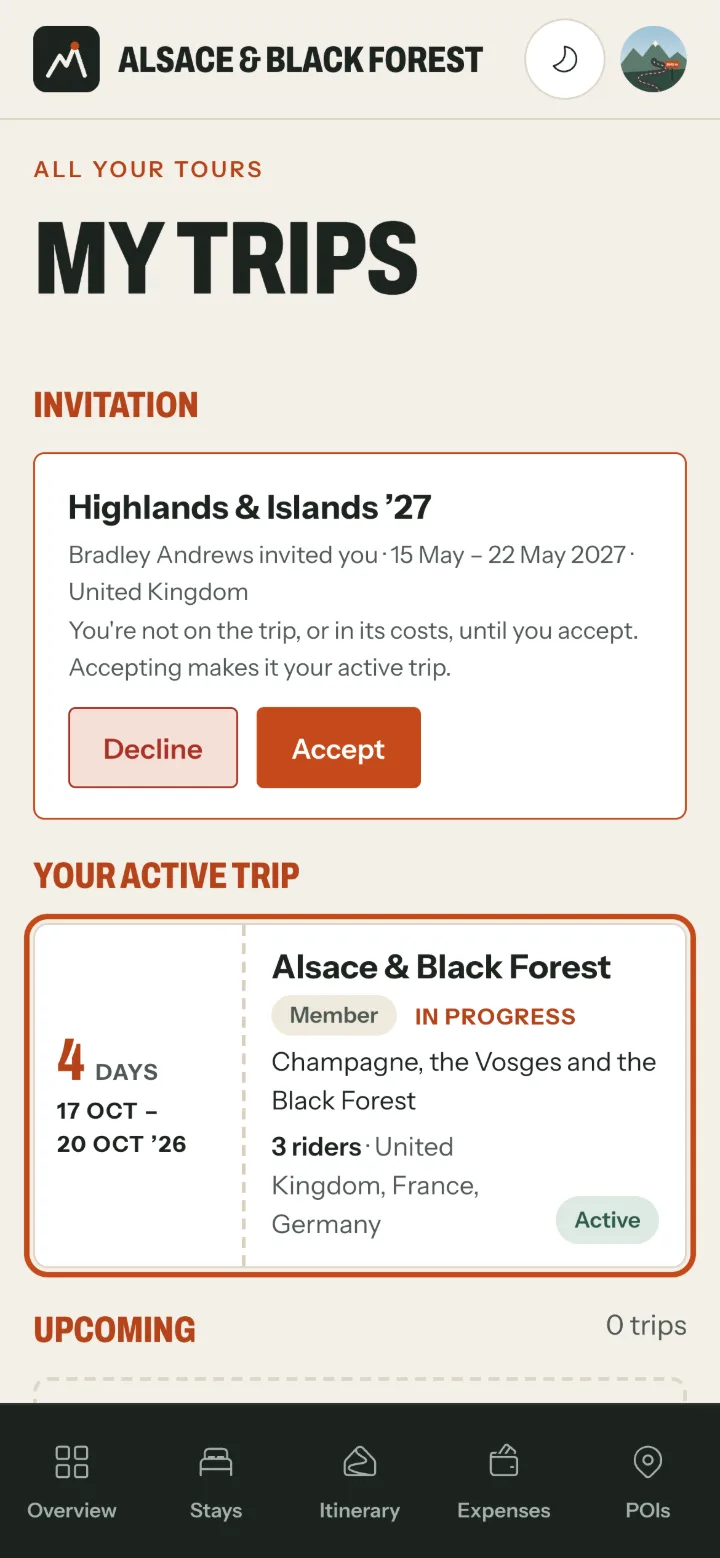 My trips with an invitation to Highlands & Islands '27 at the top, with Decline and Accept buttons.