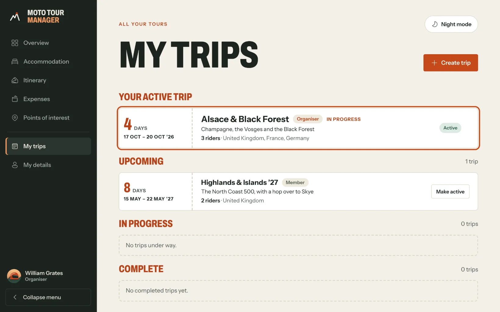My trips on a computer: Alsace & Black Forest as the active trip, marked Organiser and In progress, and Highlands & Islands '27 under Upcoming, marked Member, with a Make active button. A Create trip button is at the top right.