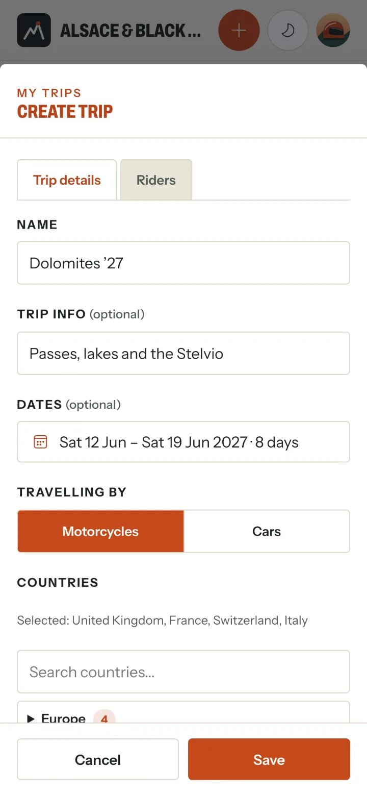 The Create trip form's Trip details tab, filled in: Dolomites '27, trip info, dates Sat 12 Jun - Sat 19 Jun 2027, Travelling by Motorcycles, and four countries selected.