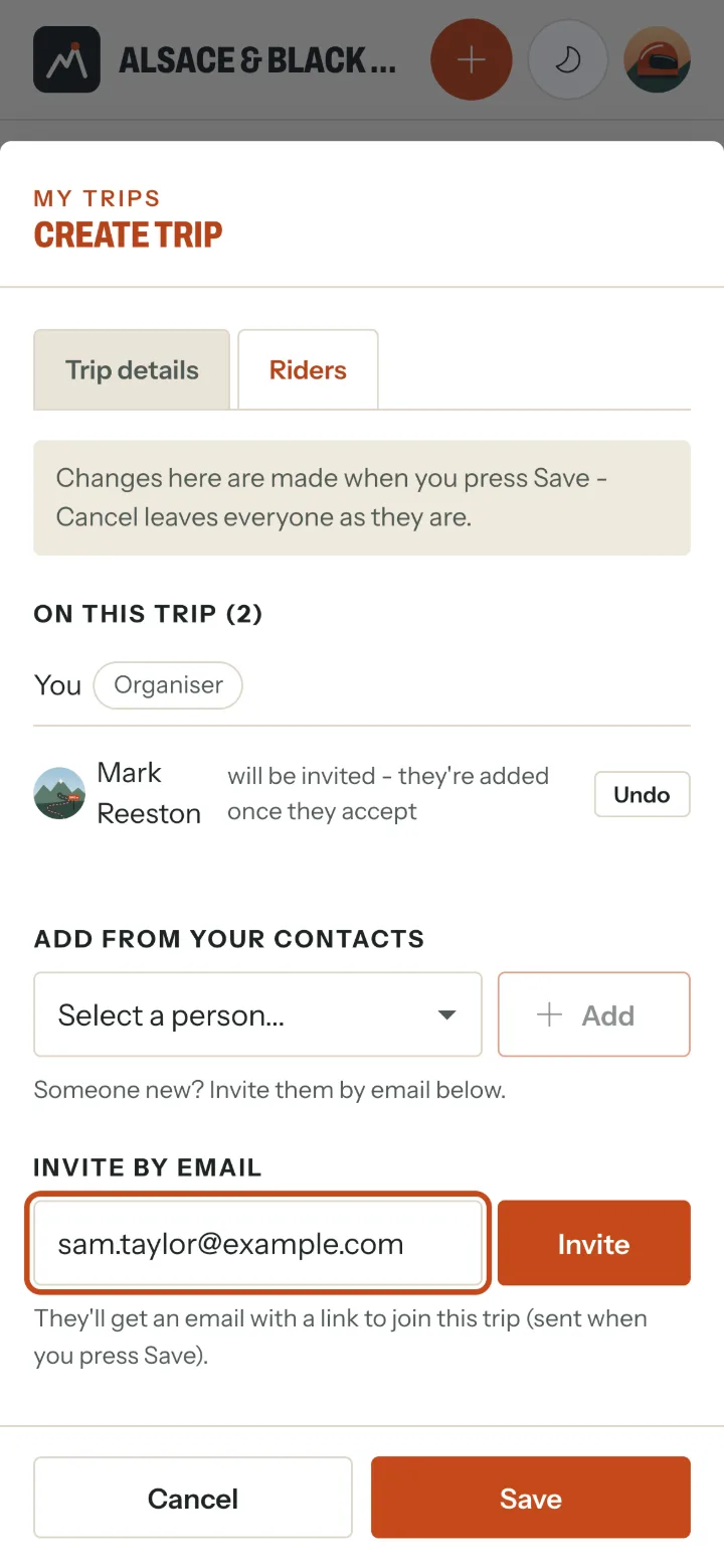 The Riders tab: Mark Reeston picked from contacts, shown as will be invited - they're added once they accept, and an email address typed into Invite by email.