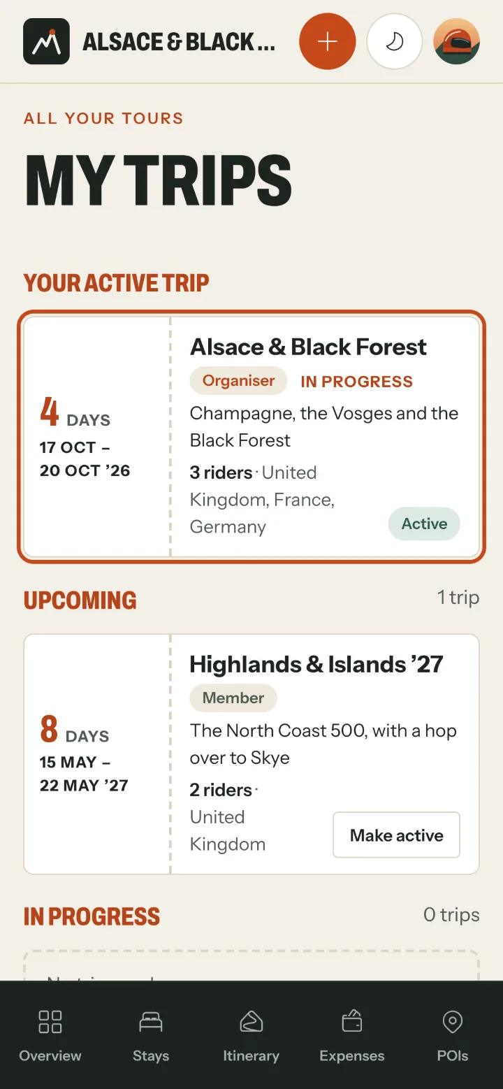 My trips on a phone: the active trip at the top and, under Upcoming, another trip with a Make active button.