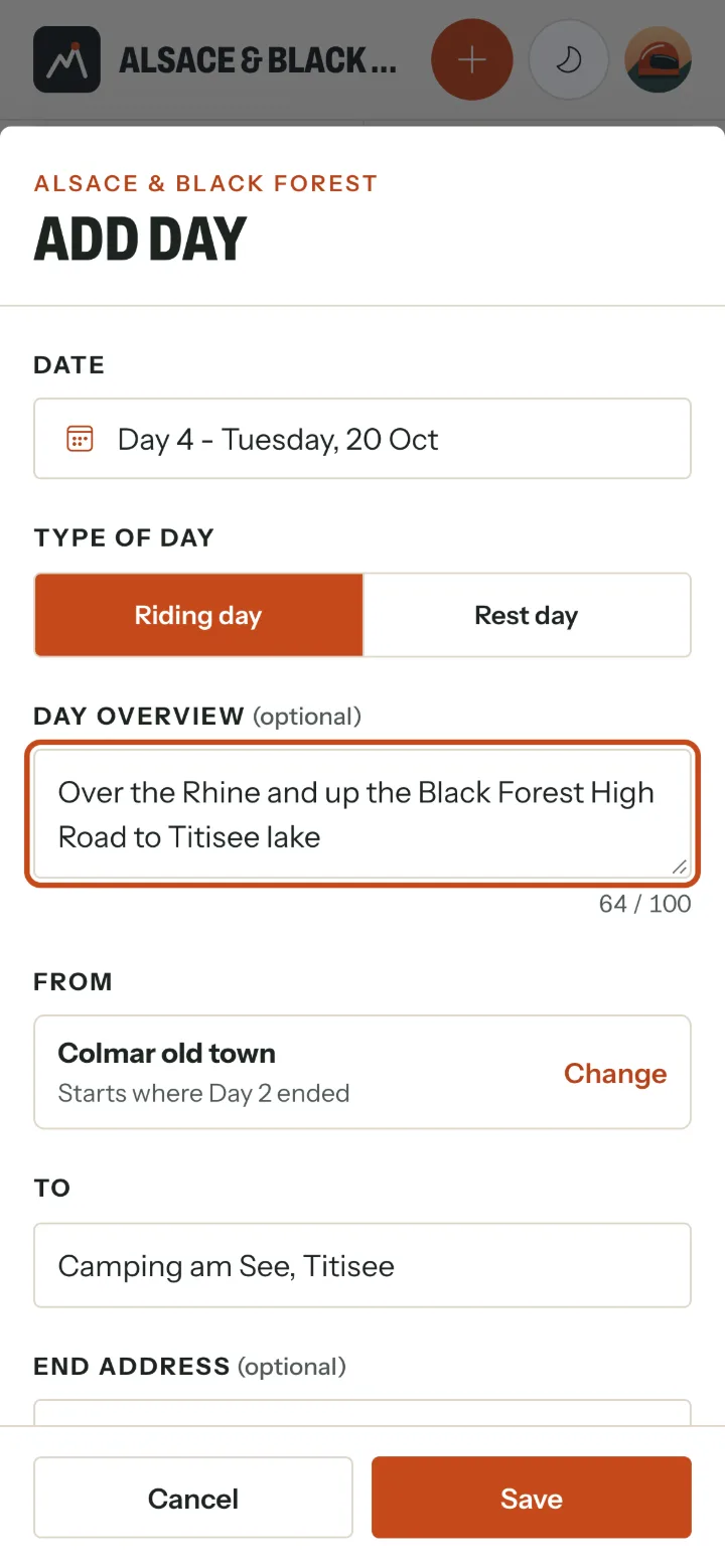 The Add day form: Day 4 - Tuesday, 20 Oct, a day overview with its 64 / 100 counter, From Colmar old town (starts where Day 2 ended) and To Camping am See, Titisee.