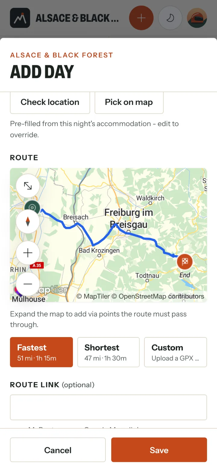 The Route section of the day form: a map of the route and three buttons - Fastest 51 mi, 1h 15m; Shortest 47 mi, 1h 30m; and Custom.
