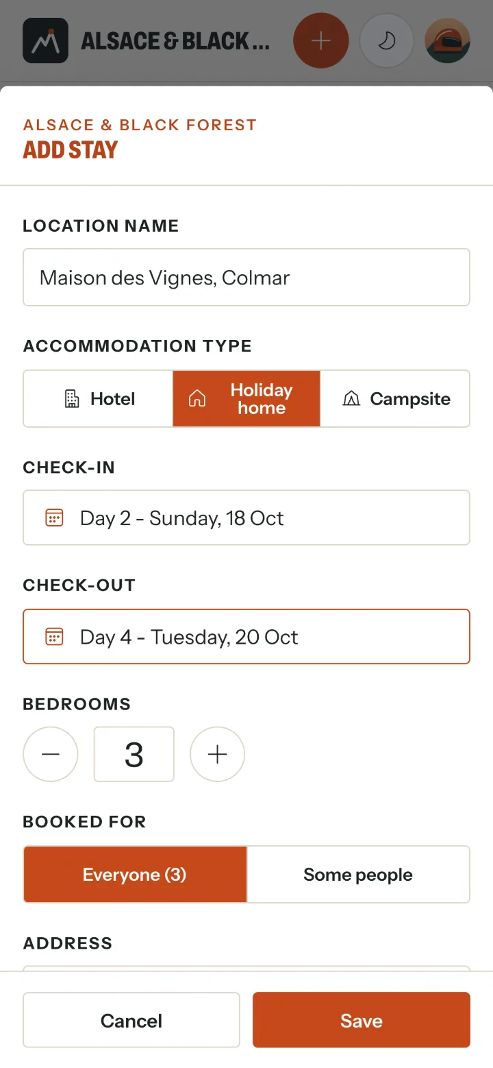 The Add stay form: Maison des Vignes, Colmar, a holiday home, check-in Day 2 and check-out Day 4, 3 bedrooms, booked for everyone.