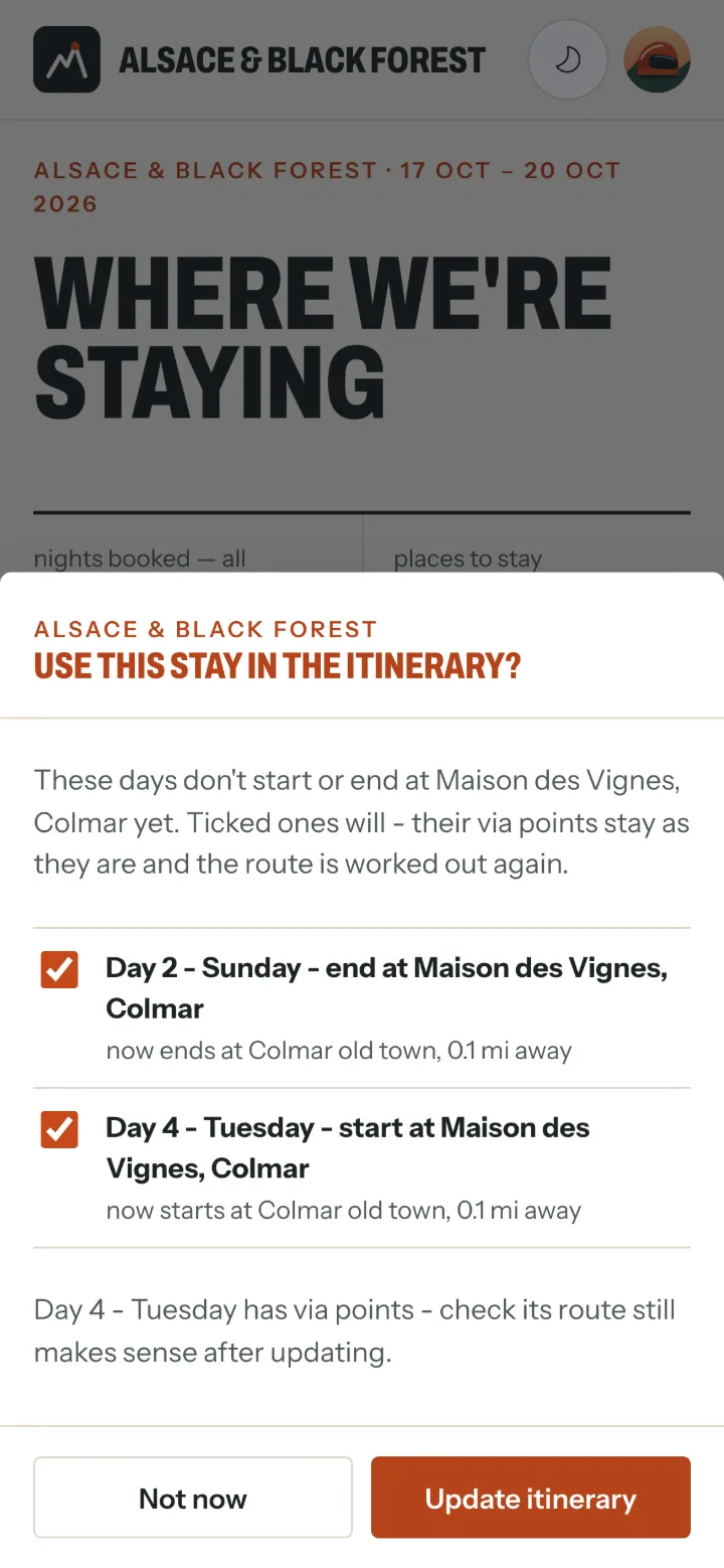 Use this stay in the itinerary? with two ticked boxes - Day 2 to end at Maison des Vignes, Colmar and Day 4 to start there - and Not now and Update itinerary buttons.