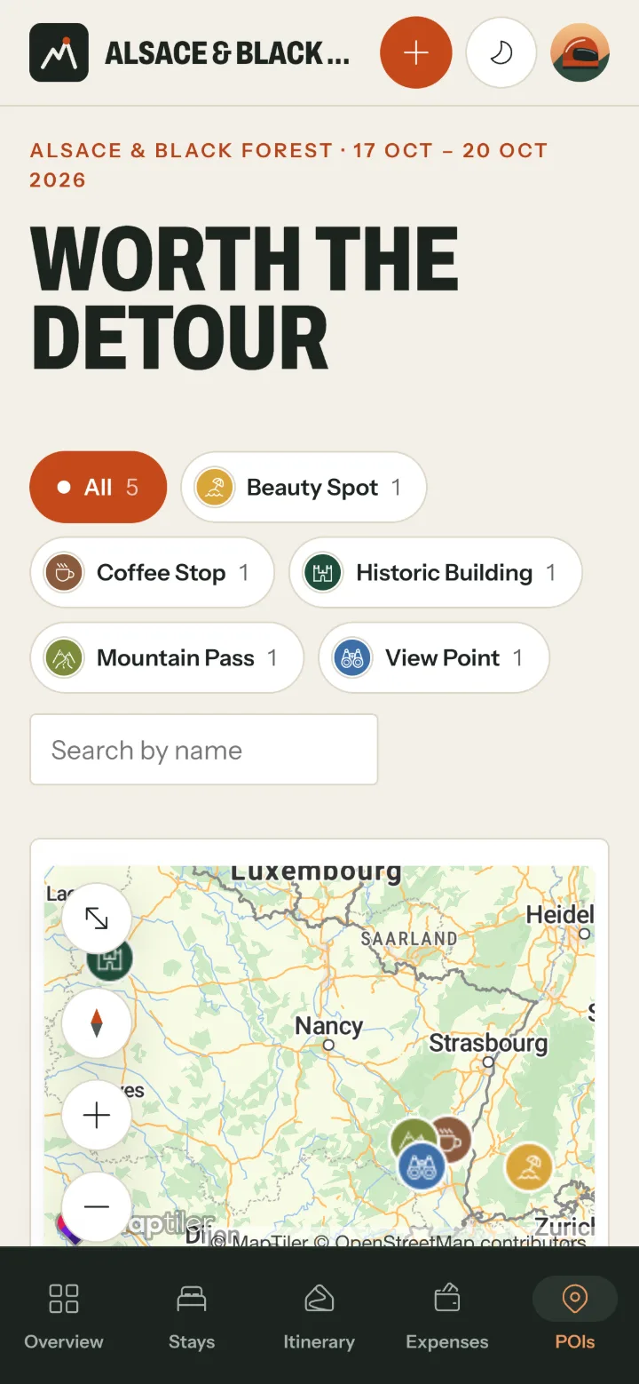 The Points of interest page: type filters with counts, a search box, and a map with the points marked across Champagne, the Vosges and the Black Forest.