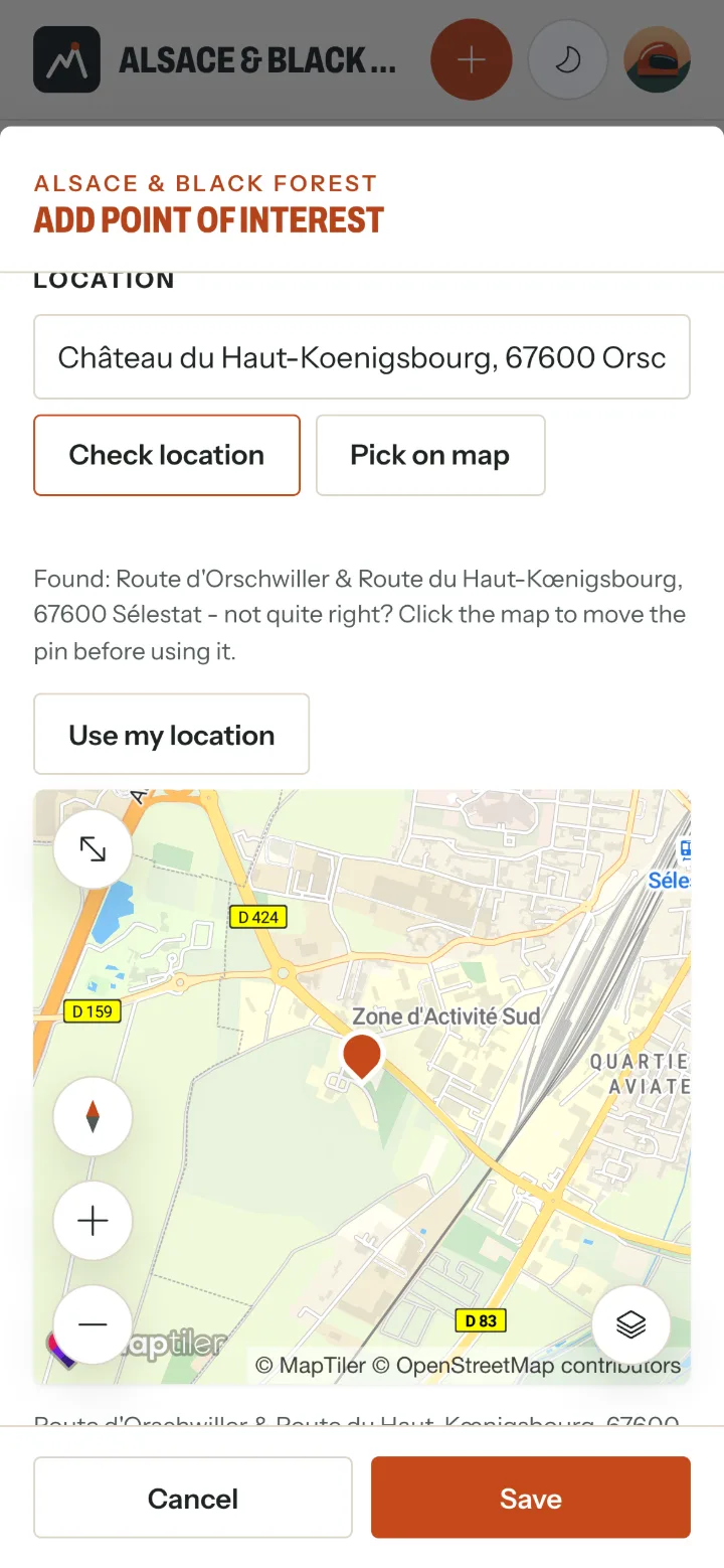 Add point of interest: a location found for Château du Haut-Koenigsbourg, with a pin on the map and the message not quite right? Click the map to move the pin.