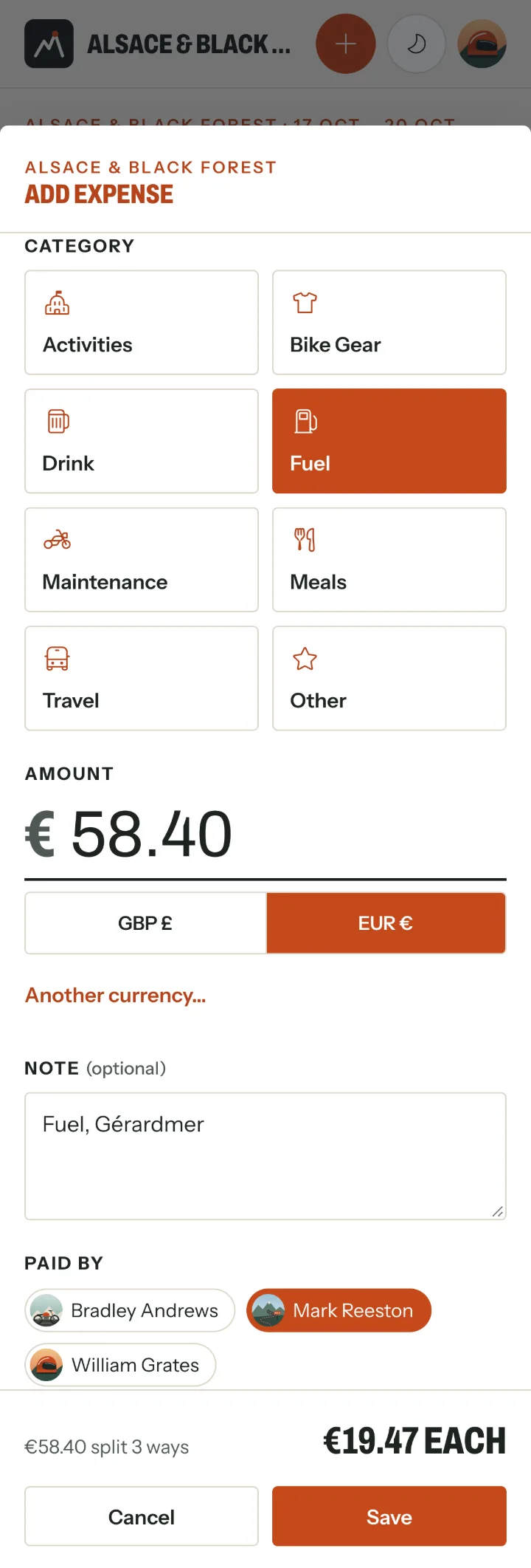 The Add expense form: category Fuel, amount €58.40 in euros, the note Fuel, Gérardmer, and Paid by Mark Reeston - €19.47 each, split 3 ways.
