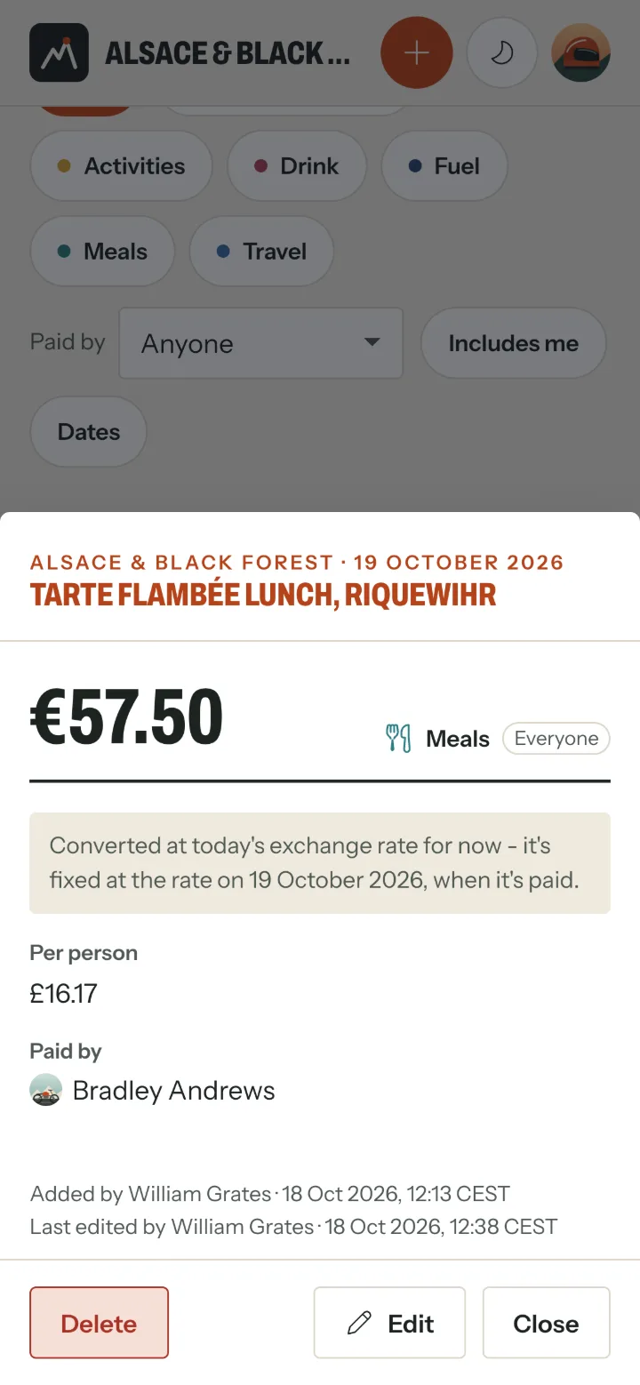 An expense's details: the tarte flambée lunch, €57.50, paid by Bradley Andrews, with Added by William Grates and Last edited by William Grates, and Delete, Edit and Close buttons.
