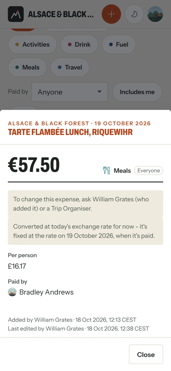 The same expense opened by another rider: To change this expense, ask William Grates (who added it) or a Trip Organiser - and only a Close button.
