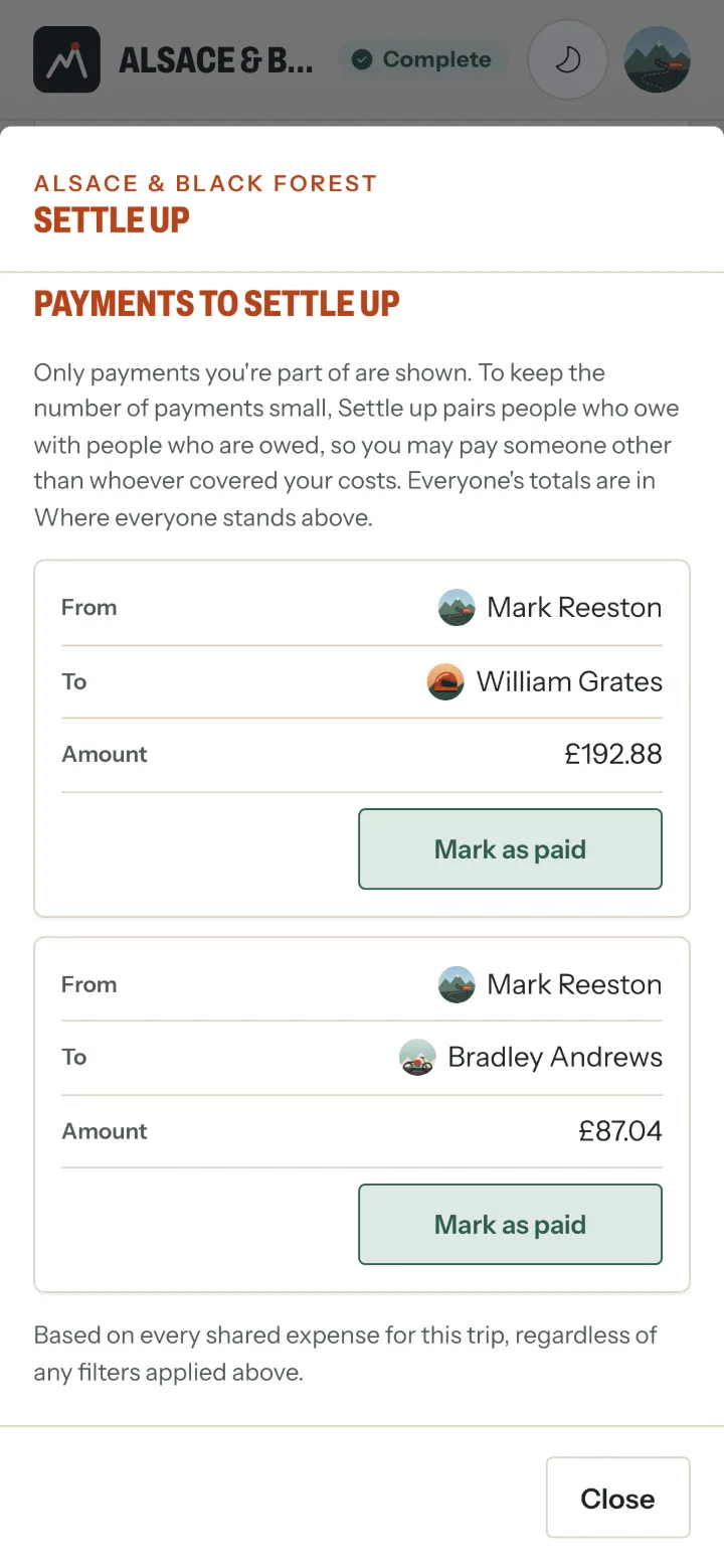 Payments to settle up: Mark Reeston to William Grates £192.88 and to Bradley Andrews £87.04, each with a Mark as paid button.