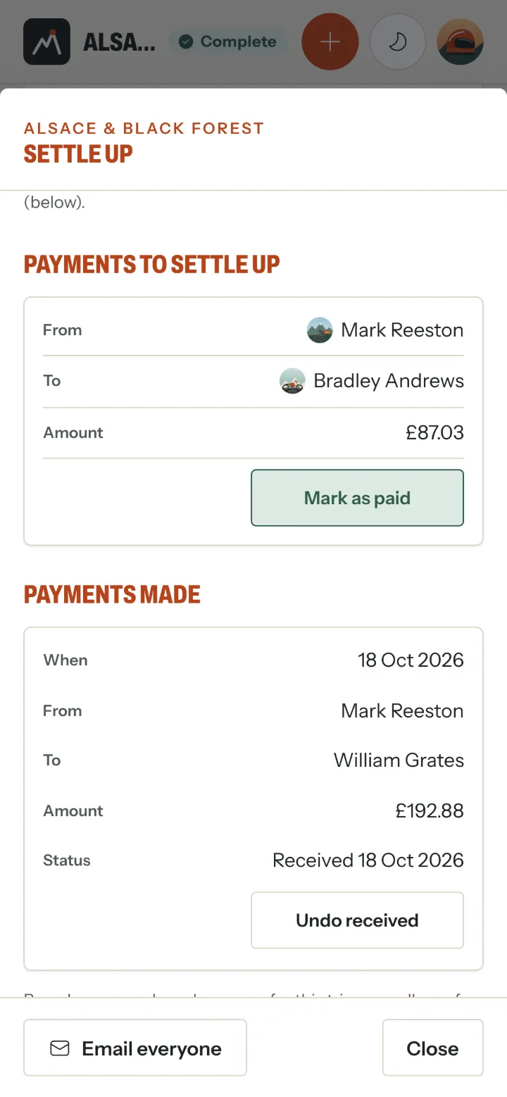 Payments made: Mark Reeston to William Grates, £192.88, status Received 18 Oct 2026, with an Undo received button.