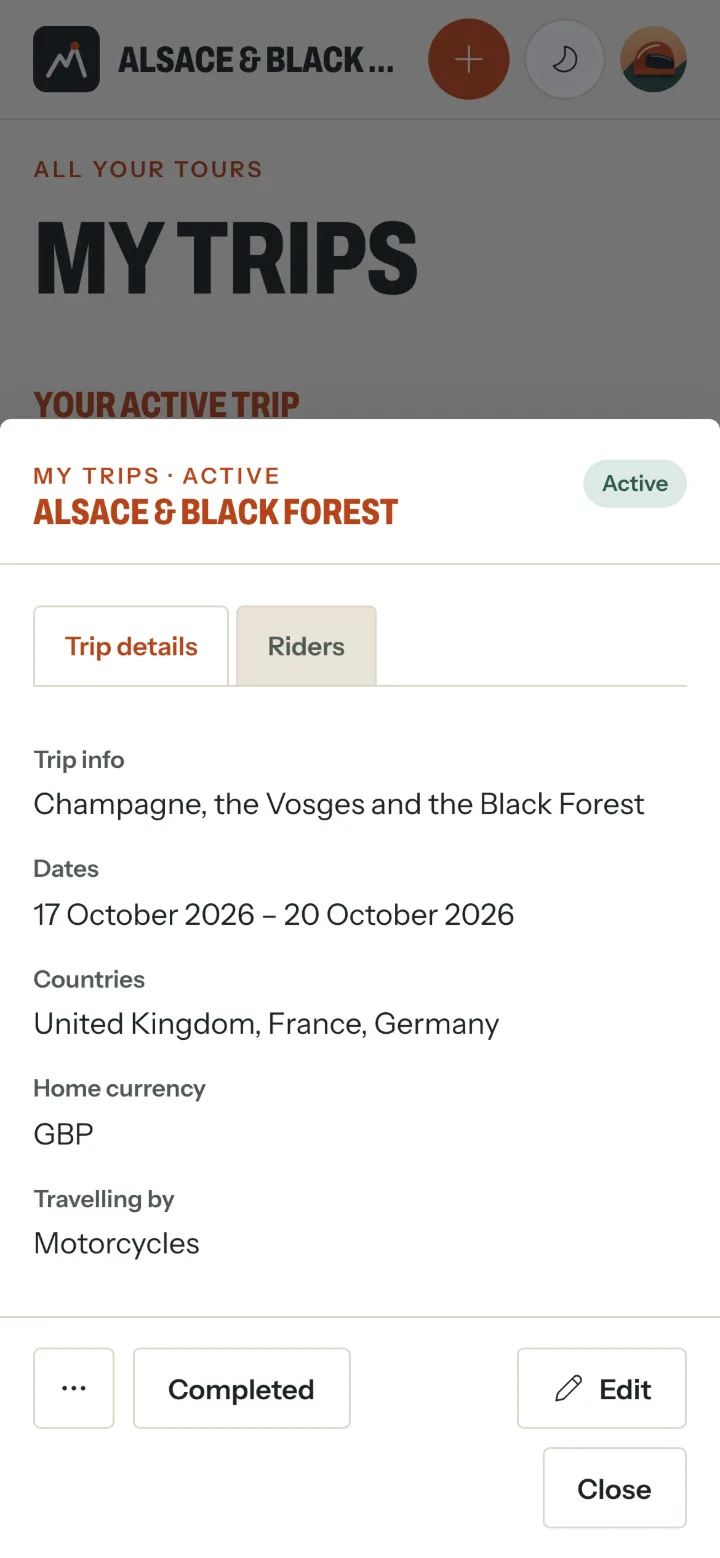 The trip opened from My trips, with its details and, at the bottom, the Completed button beside Edit.