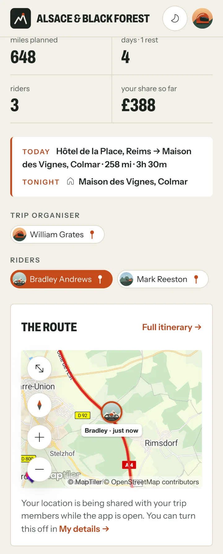 The Overview during the trip: Today Hôtel de la Place, Reims to Maison des Vignes, Colmar, Tonight Maison des Vignes, the riders, and the route map with Bradley's photo on the A4 - just now.