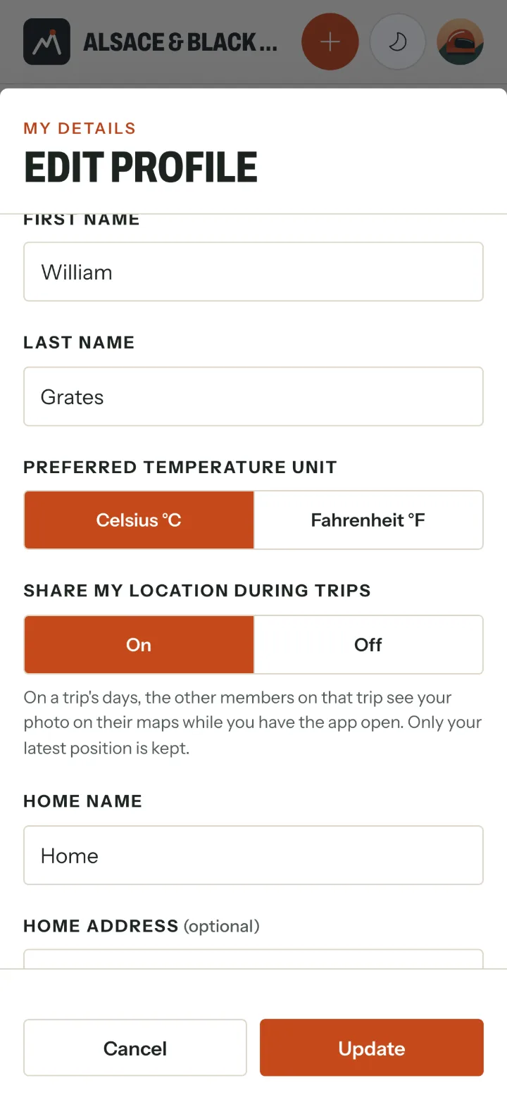 The Edit profile pop-up with Share my location during trips set to On, and a note on who sees it.