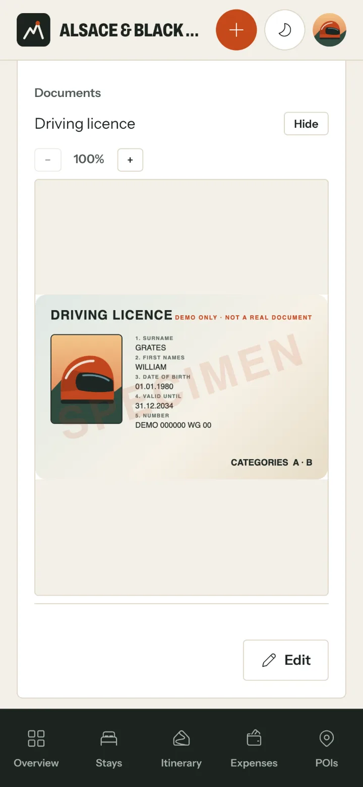 My documents with a made-up driving licence, marked specimen, open in the viewer.