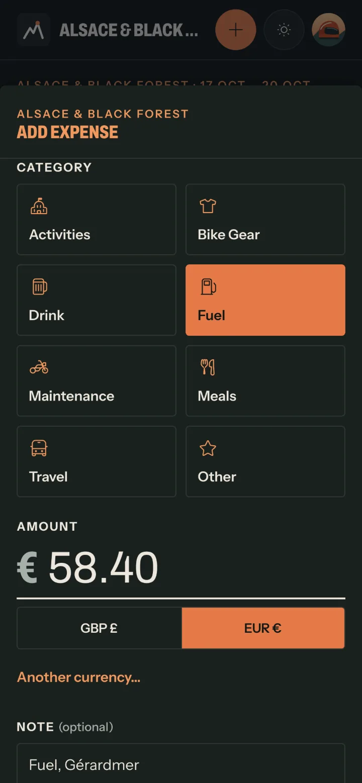 The Add expense form in night mode.